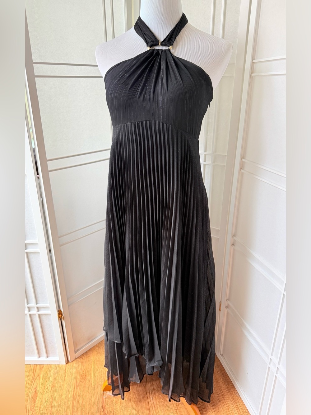 DKNY Black One-Shoulder Pleated Maxi Dress